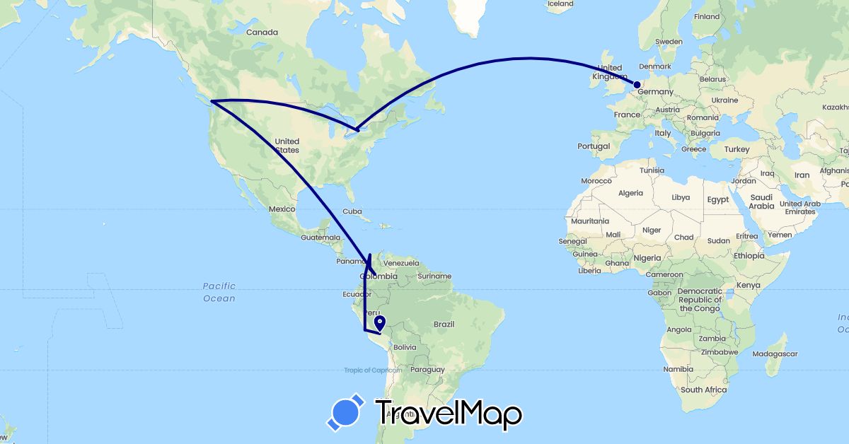 TravelMap itinerary: driving in Canada, Colombia, Netherlands, Peru, United States (Europe, North America, South America)